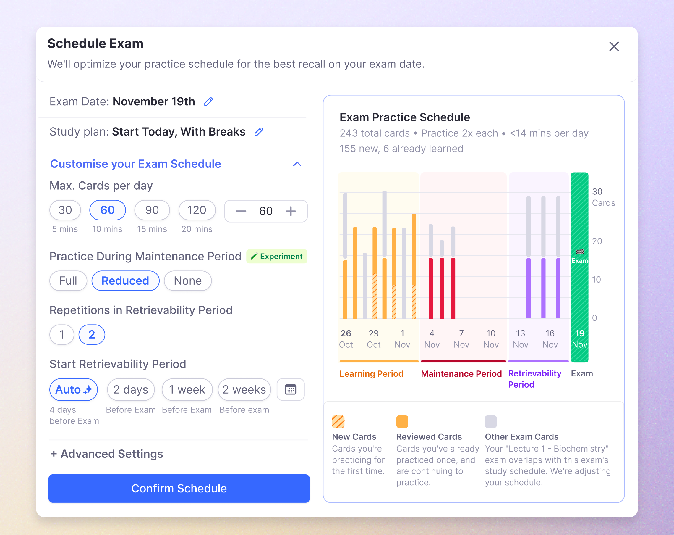 Exam Scheduler showing study plan with practice targets